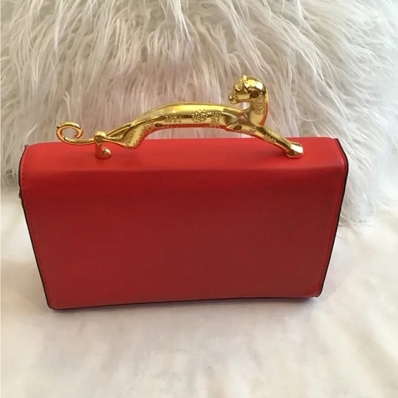 LUXURY WOMEN’S HANDBAG METAL HANDLE RED SHOULDER BAG - Picture 3 of 4